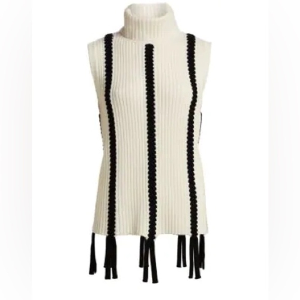 Derek Lam Crosby Wool Braided Fringe Sleeveless Turtleneck Knit Sweater